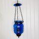 Antique Hanging Blue Glass Bell Jar Candle Light Lantern Pendant Bell Vintage