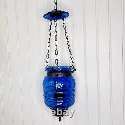 Antique Hanging Blue Glass Bell Jar Candle Light Lantern Pendant Bell Vintage