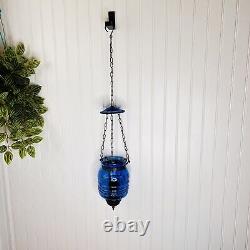 Antique Hanging Blue Glass Bell Jar Candle Light Lantern Pendant Bell Vintage
