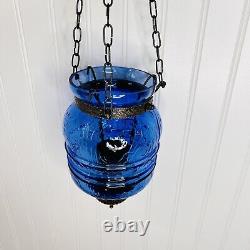 Antique Hanging Blue Glass Bell Jar Candle Light Lantern Pendant Bell Vintage