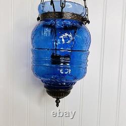 Antique Hanging Blue Glass Bell Jar Candle Light Lantern Pendant Bell Vintage