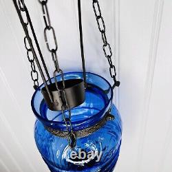 Antique Hanging Blue Glass Bell Jar Candle Light Lantern Pendant Bell Vintage