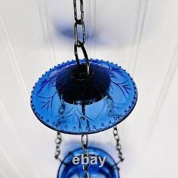 Antique Hanging Blue Glass Bell Jar Candle Light Lantern Pendant Bell Vintage