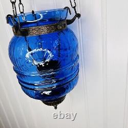 Antique Hanging Blue Glass Bell Jar Candle Light Lantern Pendant Bell Vintage
