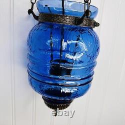 Antique Hanging Blue Glass Bell Jar Candle Light Lantern Pendant Bell Vintage