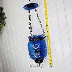 Antique Hanging Blue Glass Bell Jar Candle Light Lantern Pendant Bell Vintage