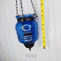 Antique Hanging Blue Glass Bell Jar Candle Light Lantern Pendant Bell Vintage