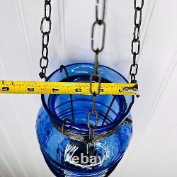 Antique Hanging Blue Glass Bell Jar Candle Light Lantern Pendant Bell Vintage