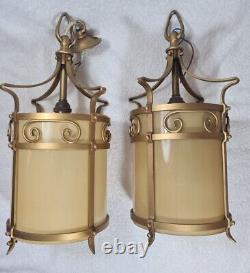 Antique Lanterns Pair Gilt with Opaque Glass Liners Vintage Light Shades Lamps