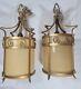Antique Lanterns Pair Gilt with Opaque Glass Liners Vintage Light Shades Lamps