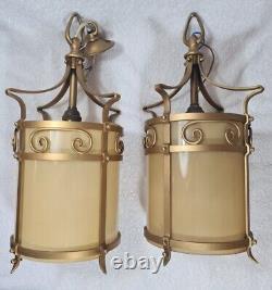 Antique Lanterns Pair Gilt with Opaque Glass Liners Vintage Light Shades Lamps