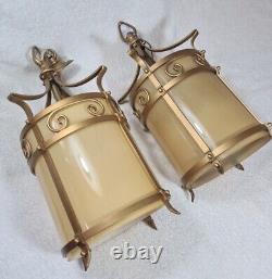 Antique Lanterns Pair Gilt with Opaque Glass Liners Vintage Light Shades Lamps
