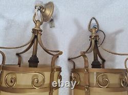 Antique Lanterns Pair Gilt with Opaque Glass Liners Vintage Light Shades Lamps