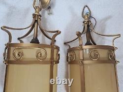 Antique Lanterns Pair Gilt with Opaque Glass Liners Vintage Light Shades Lamps