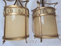 Antique Lanterns Pair Gilt with Opaque Glass Liners Vintage Light Shades Lamps