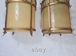 Antique Lanterns Pair Gilt with Opaque Glass Liners Vintage Light Shades Lamps