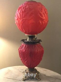 Antique Large Red Glass Lamp Beautiful Art Deco Floral Bradley & Hubbard