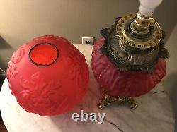 Antique Large Red Glass Lamp Beautiful Art Deco Floral Bradley & Hubbard