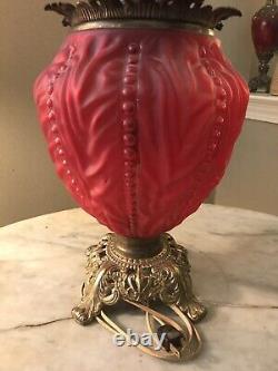 Antique Large Red Glass Lamp Beautiful Art Deco Floral Bradley & Hubbard