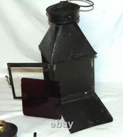 Antique Late 19th Century Whale Oil Lantern with Clear & Red Lens 15-1/2 high