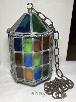 Antique Lead & Stained-Glass Hanging Chandelier Pendant Lantern No Light READ