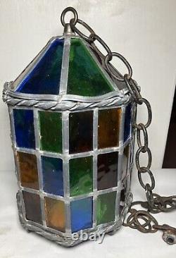 Antique Lead & Stained-Glass Hanging Chandelier Pendant Lantern No Light READ