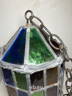 Antique Lead & Stained-Glass Hanging Chandelier Pendant Lantern No Light READ