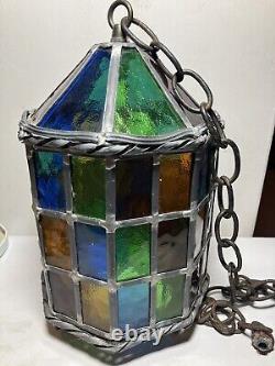 Antique Lead & Stained-Glass Hanging Chandelier Pendant Lantern No Light READ