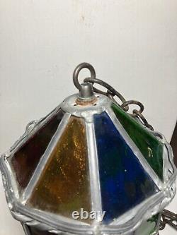 Antique Lead & Stained-Glass Hanging Chandelier Pendant Lantern No Light READ