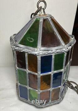 Antique Lead & Stained-Glass Hanging Chandelier Pendant Lantern No Light READ