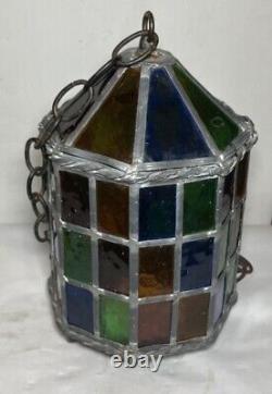 Antique Lead & Stained-Glass Hanging Chandelier Pendant Lantern No Light READ