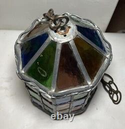 Antique Lead & Stained-Glass Hanging Chandelier Pendant Lantern No Light READ