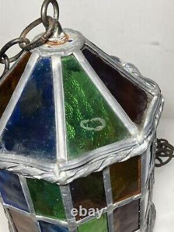 Antique Lead & Stained-Glass Hanging Chandelier Pendant Lantern No Light READ