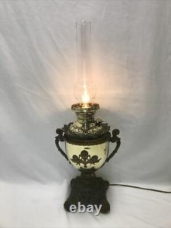 Antique MILLER Brass Fancy Oil Lamp Electrified Parlor Banquet Hurricane Lantern