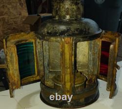 Antique Maritime Metal Lantern with Red and Green Glass Panels