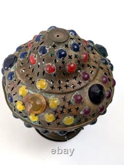 Antique Middle Eastern Jeweled Brass Lantern Pierced Boho Moorish Table Lamp