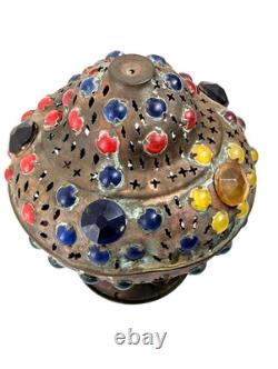Antique Middle Eastern Jeweled Brass Lantern Pierced Boho Moorish Table Lamp