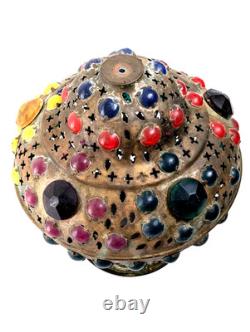 Antique Middle Eastern Jeweled Brass Lantern Pierced Boho Moorish Table Lamp