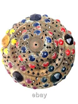 Antique Middle Eastern Jeweled Brass Lantern Pierced Boho Moorish Table Lamp