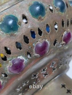 Antique Middle Eastern Jeweled Brass Lantern Pierced Boho Moorish Table Lamp