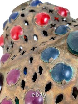 Antique Middle Eastern Jeweled Brass Lantern Pierced Boho Moorish Table Lamp