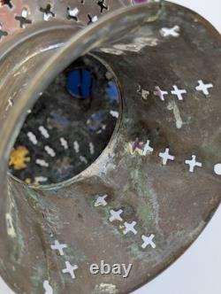Antique Middle Eastern Jeweled Brass Lantern Pierced Boho Moorish Table Lamp