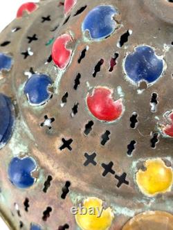 Antique Middle Eastern Jeweled Brass Lantern Pierced Boho Moorish Table Lamp