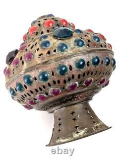 Antique Middle Eastern Jeweled Brass Lantern Pierced Boho Moorish Table Lamp