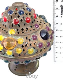 Antique Middle Eastern Jeweled Brass Lantern Pierced Boho Moorish Table Lamp