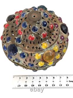 Antique Middle Eastern Jeweled Brass Lantern Pierced Boho Moorish Table Lamp