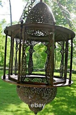 Antique Moorish Pierced Brass Hanging Light Lantern Lamp Turkish Moroccan Qajar