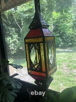 Antique Morrocan Hanging Lamp Lantern Stained Glass Colorful Rustic Boho 21in