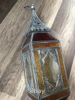 Antique Morrocan Hanging Lamp Lantern Stained Glass Colorful Rustic Boho 21in