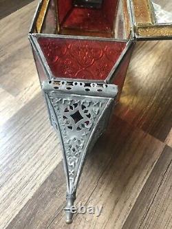 Antique Morrocan Hanging Lamp Lantern Stained Glass Colorful Rustic Boho 21in